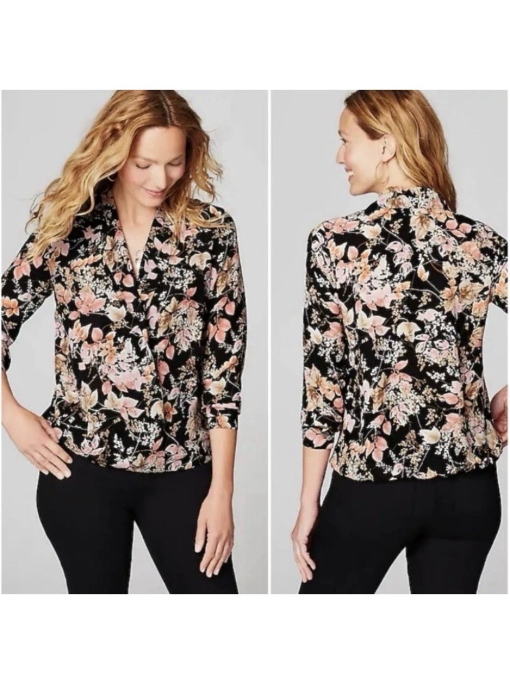 J Jill  Black Floral V Neck  Blouse Crossover Collared Long Sleeve 
Sz Medium